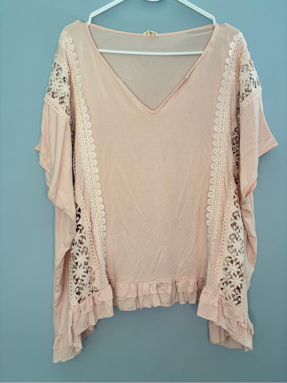 POL Blush Pink Crochet Oversized Boho Tunic Top Ruffles Size Large